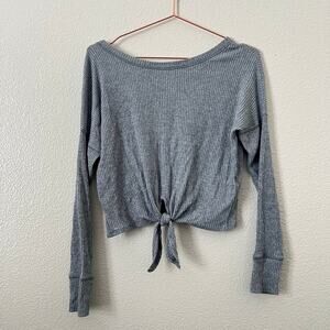 Abercrombie & Fitch ribbed knit front tie cropped long sleeve top heather gray
